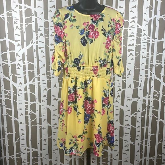 Floral Print Puff Sleeve Chiffon Dress L - Picture 1 of 10